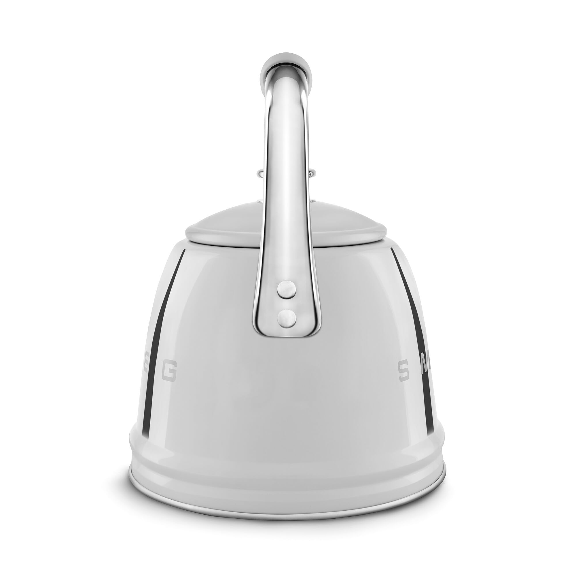 Back view of stainless steel stovetop kettle with 'Smeg' branding on a white background