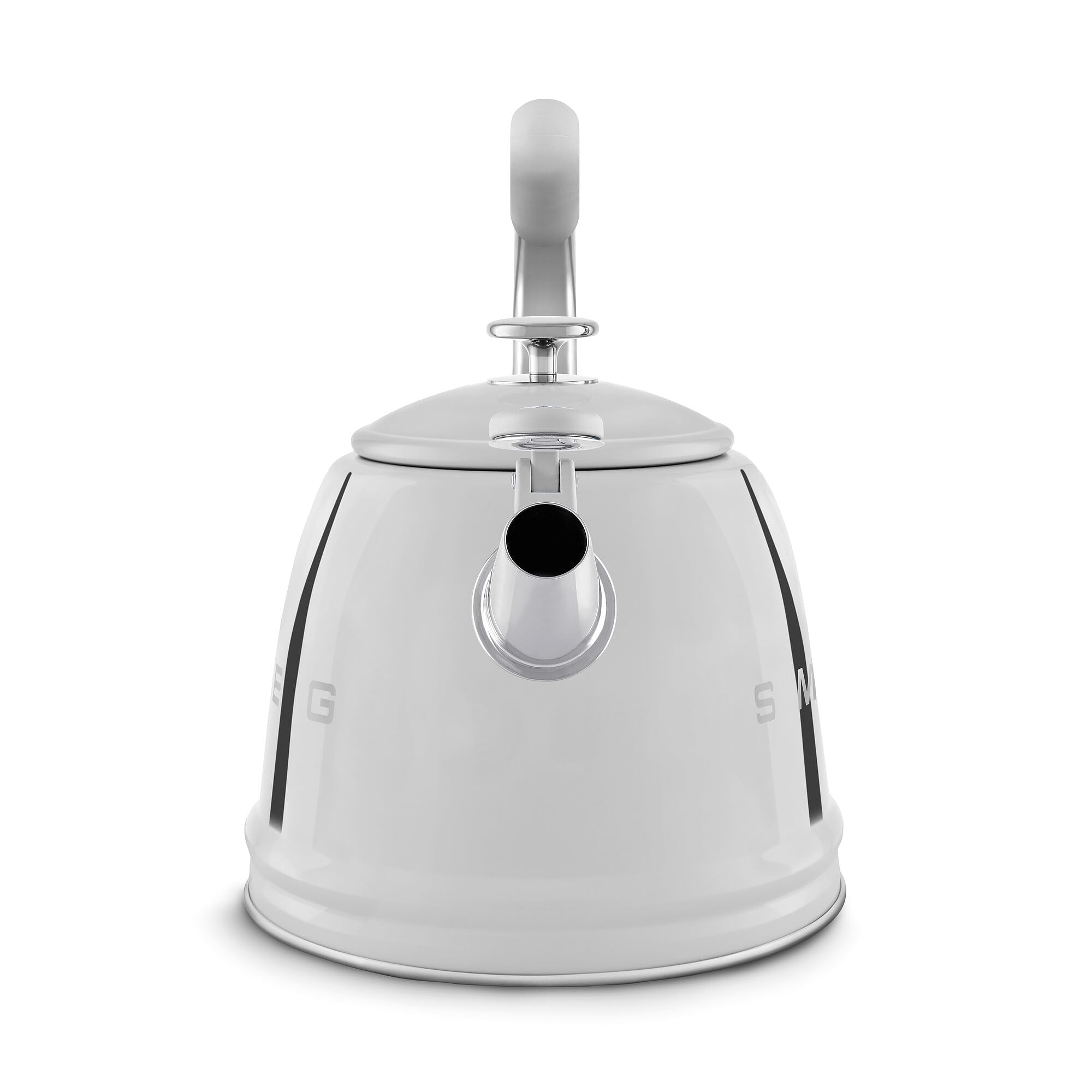 Side view of stainless steel stovetop kettle with 'Smeg' branding on a white background