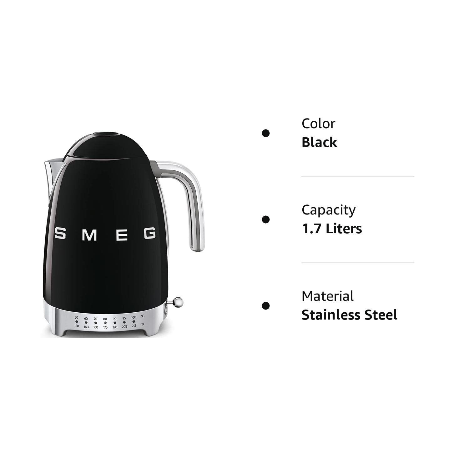 SMEG 50's Retro Variable Temperature Kettle, 7 Cup (Black) - Open Box
