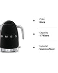 SMEG 50's Retro Variable Temperature Kettle, 7 Cup (Black) - Open Box