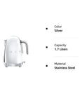 Silver kettle with description about color, capacity, and material on a white background