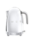 Front view of silver Smeg kettle on a white background