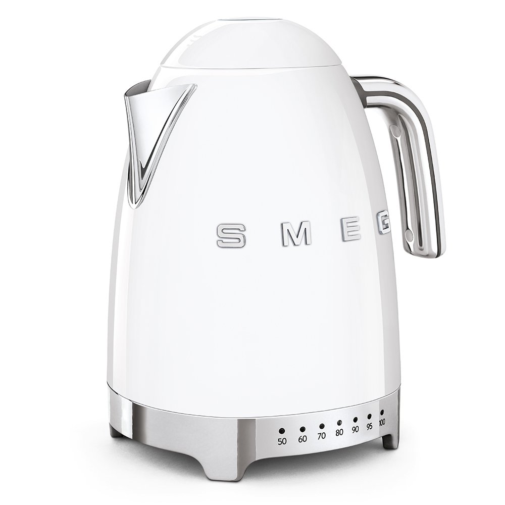 White Smeg electric kettle with silver accents on a white background