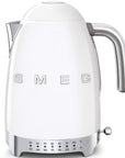 Front view of white electric kettle with 'SMEG' branding on a white background