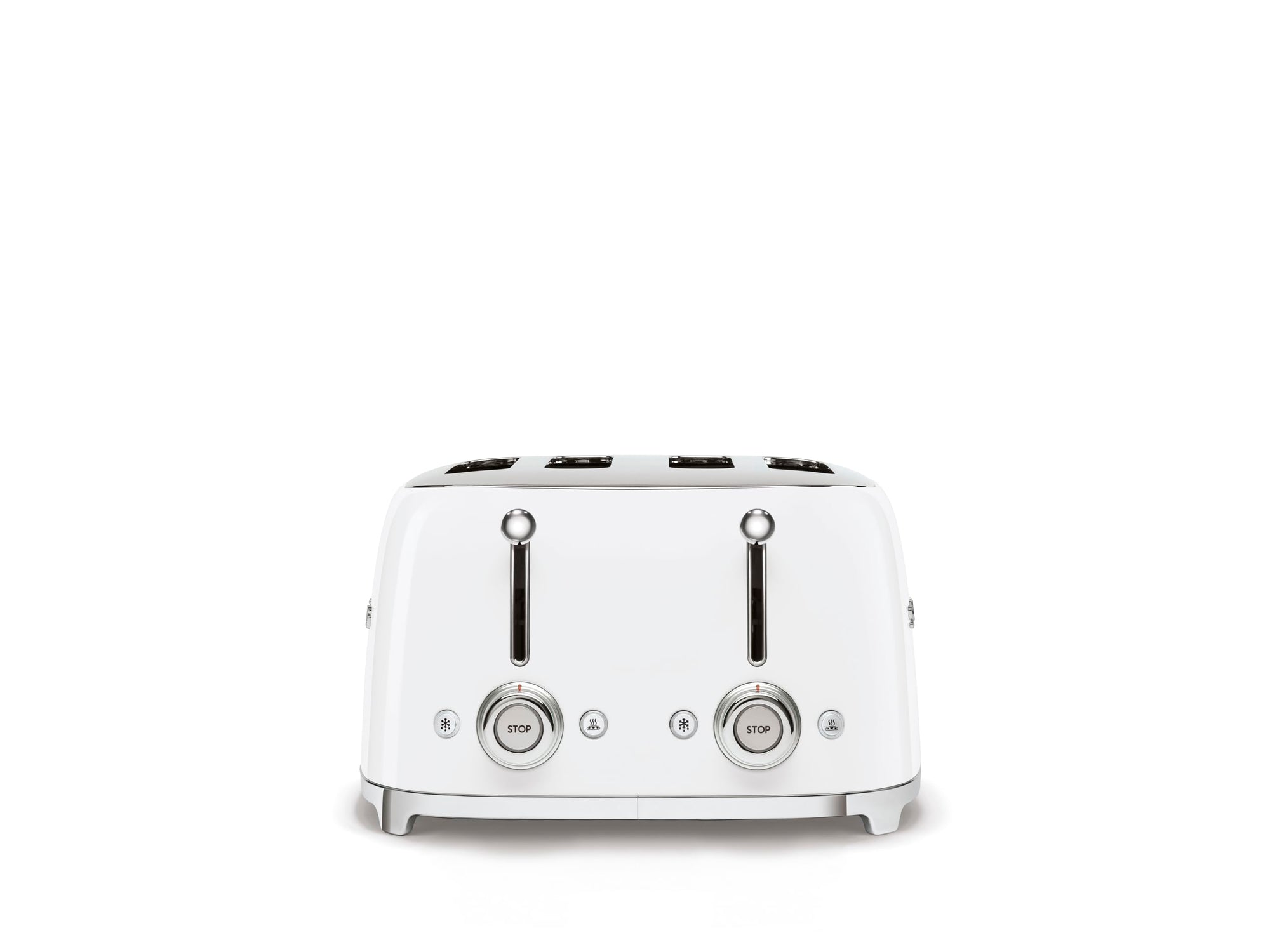 Front view of White 4 x 4 Smeg 50s retro line toaster with control dials displayed on a white background