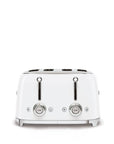 Front view of White 4 x 4 Smeg 50s retro line toaster with control dials displayed on a white background