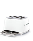 White 4 x 4 Smeg 50s retro line toaster with drawer open displayed on a white background