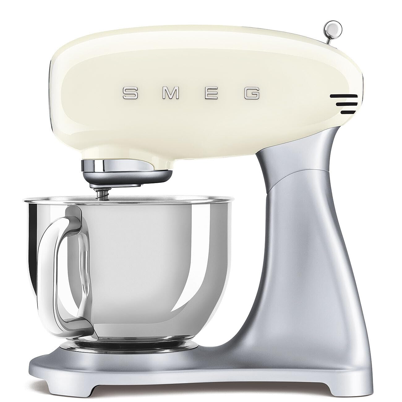 Cream-colored Smeg stand mixer on a white background