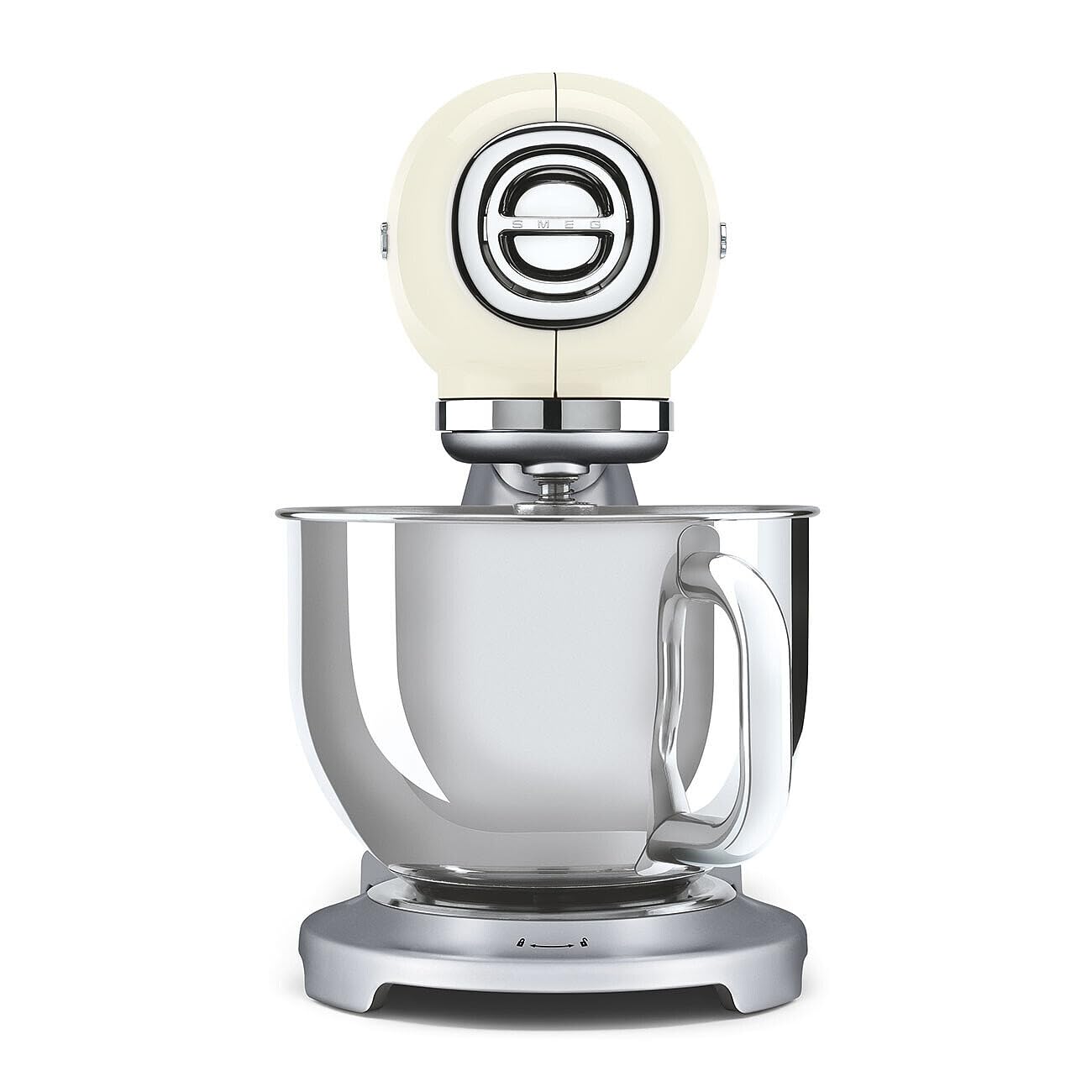 Front view of cream colored kitchen stand mixer on a white background