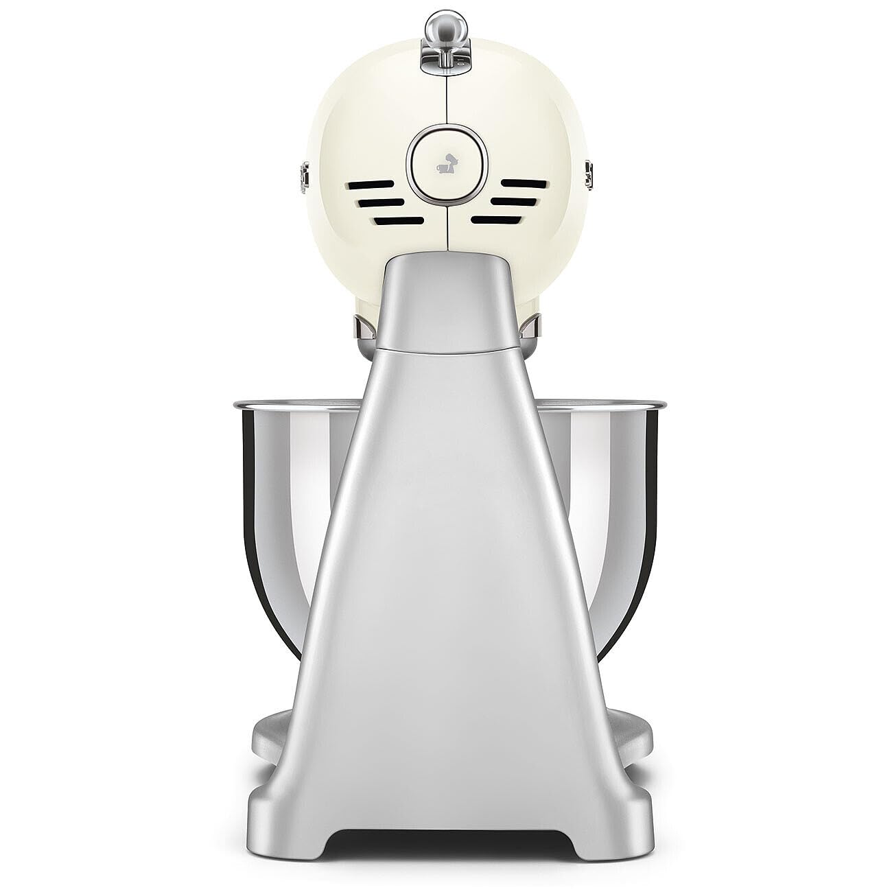 Back view of stainless steel &amp; cream colored stand mixer on a white background