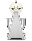 Back view of stainless steel & cream colored stand mixer on a white background
