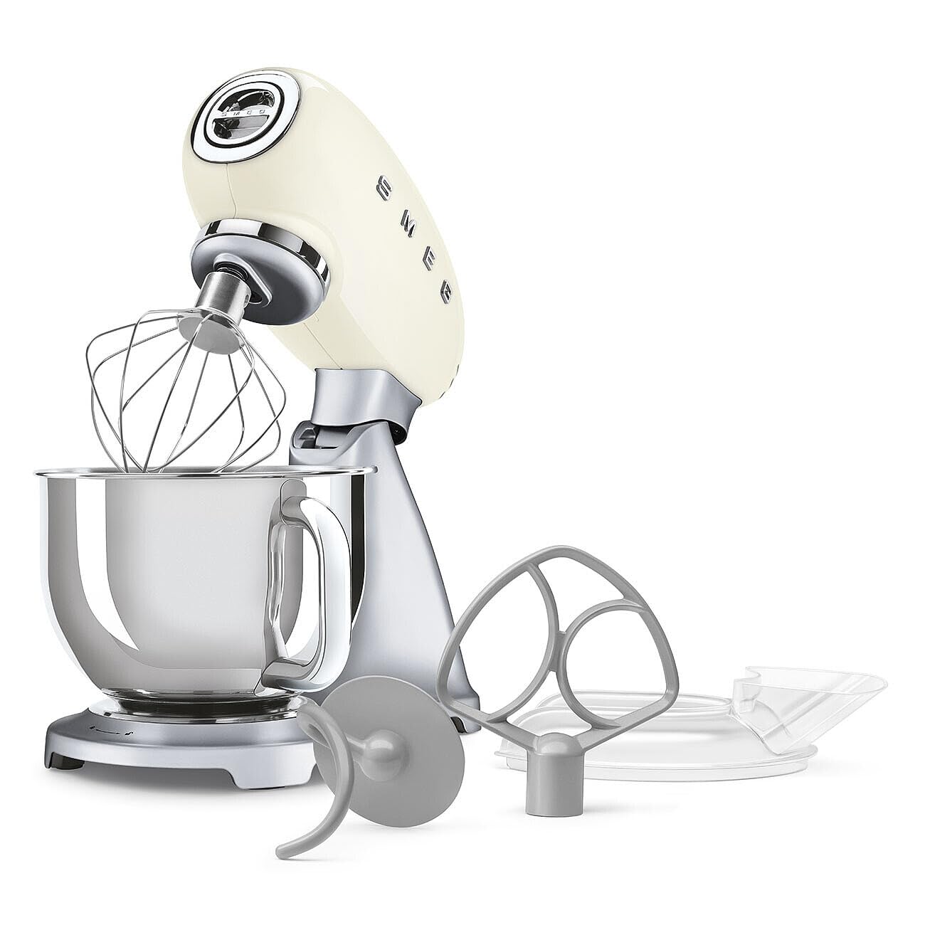 Cream and silver stand mixer with attachments on a white background