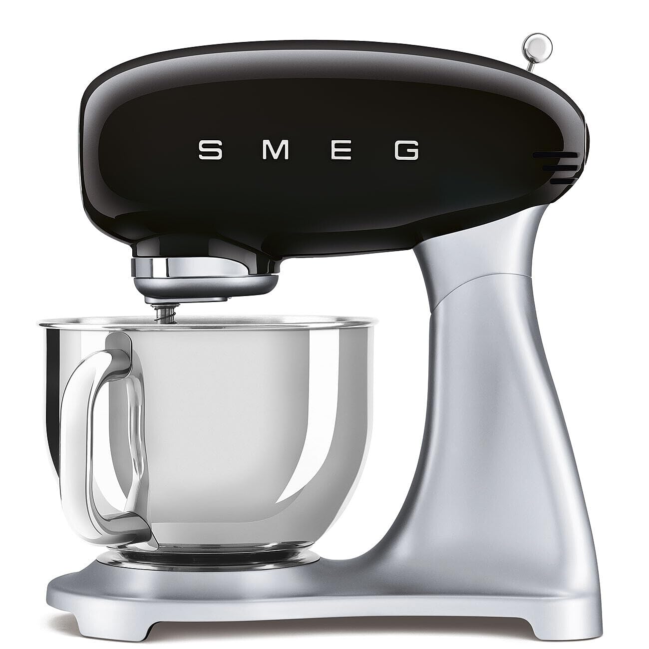 Smeg stand mixer with black top and silver base on a white background