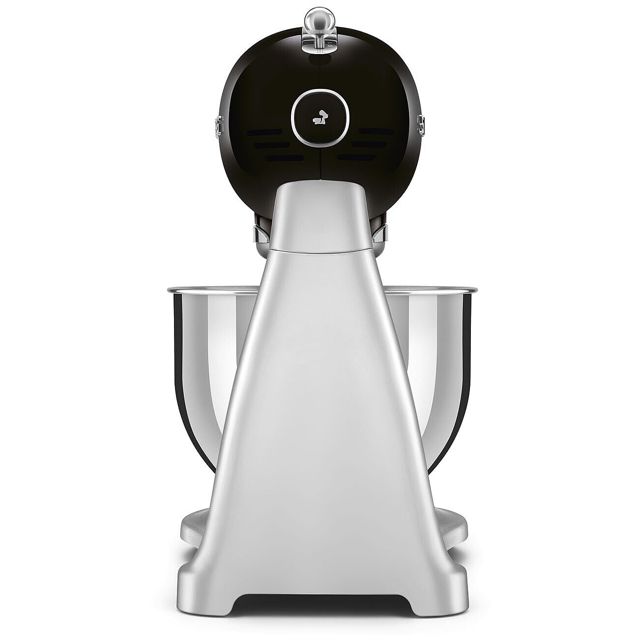 Back view of Stainless steel stand mixer with black attachments on a white background
