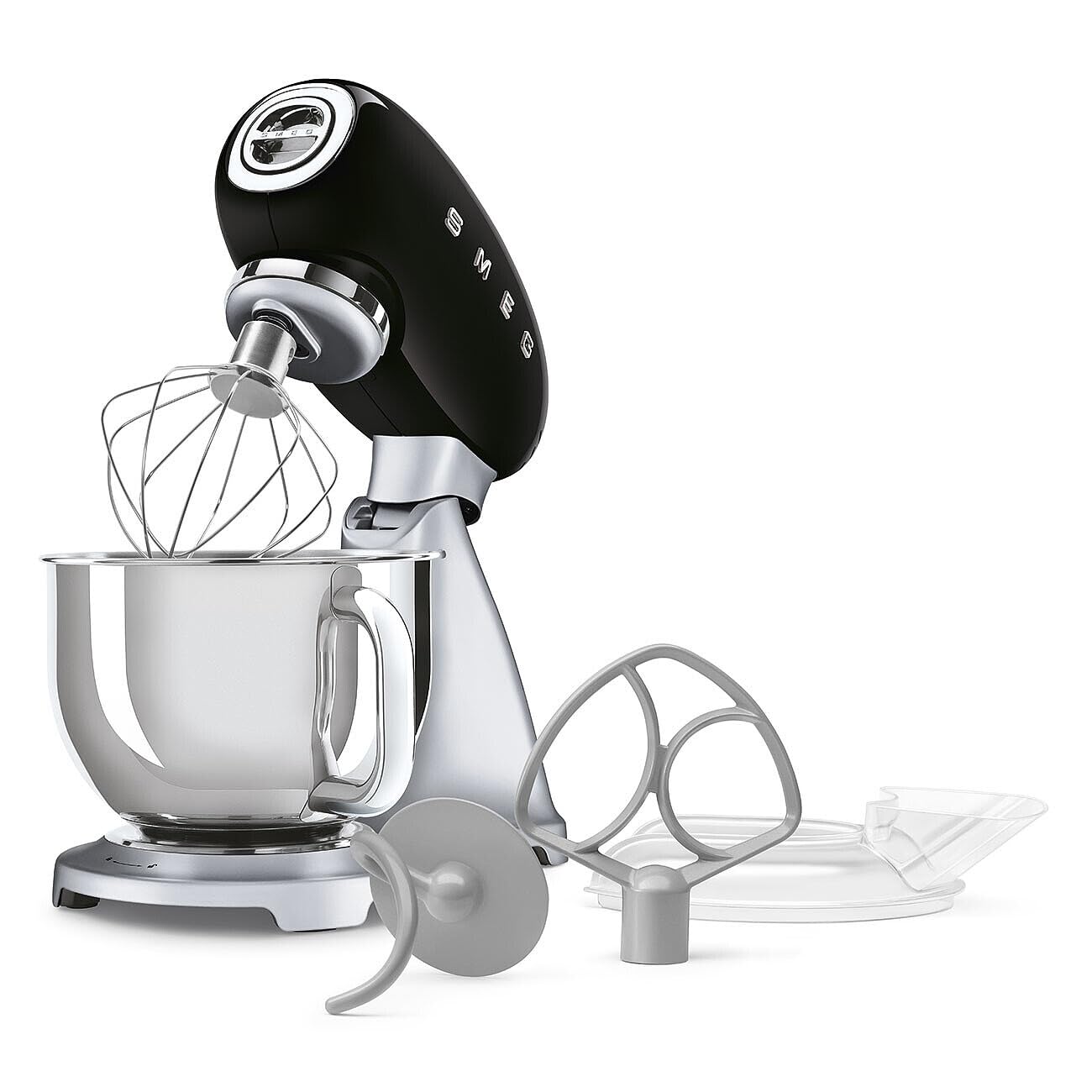 Black and silver stand mixer with attachments on a white background