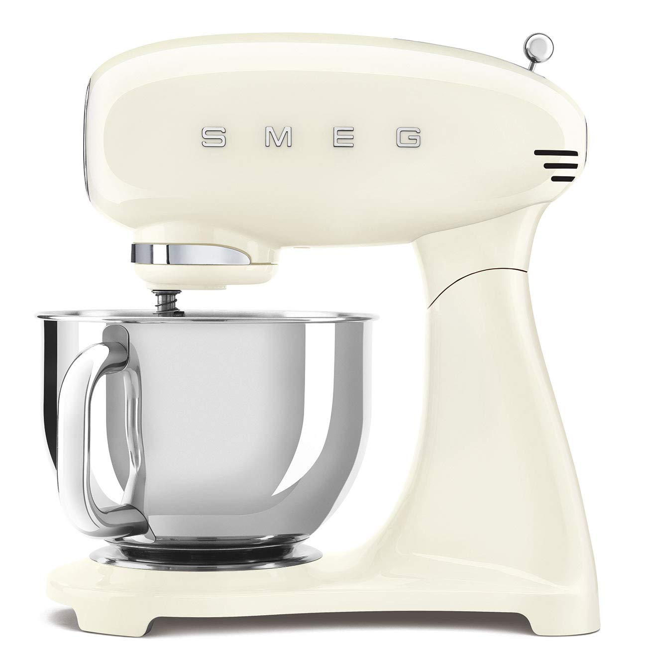Cream-colored Smeg stand mixer with a silver bowl on a white background