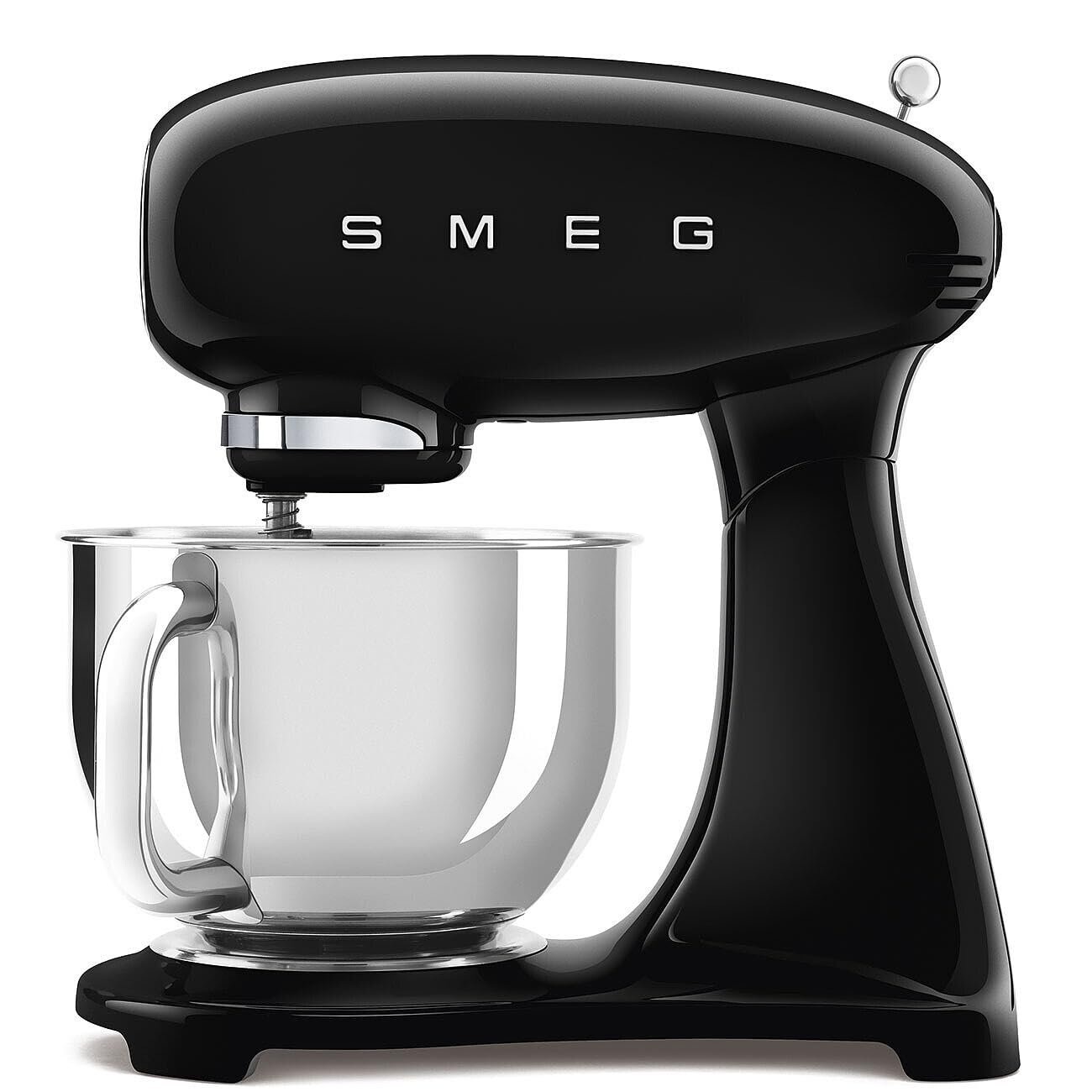 Black Smeg stand mixer with mixing bowl on a white background