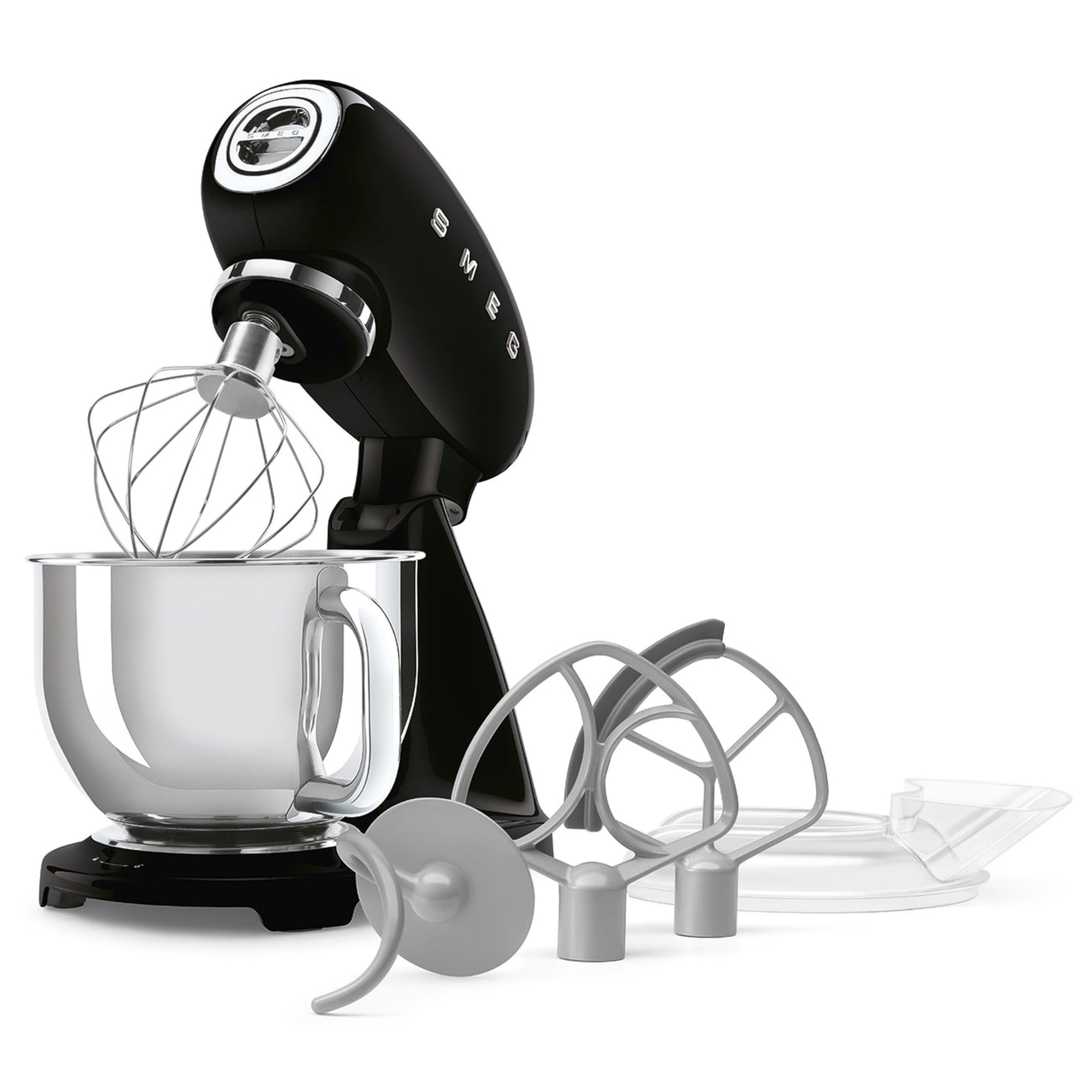 Black Smeg stand mixer with attachments on a white background