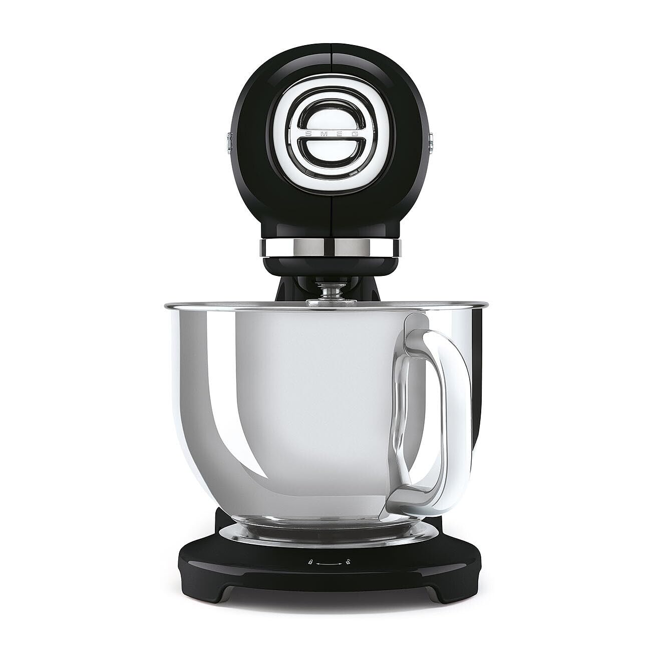 Front view of black stand mixer with mixing bowl on a white background