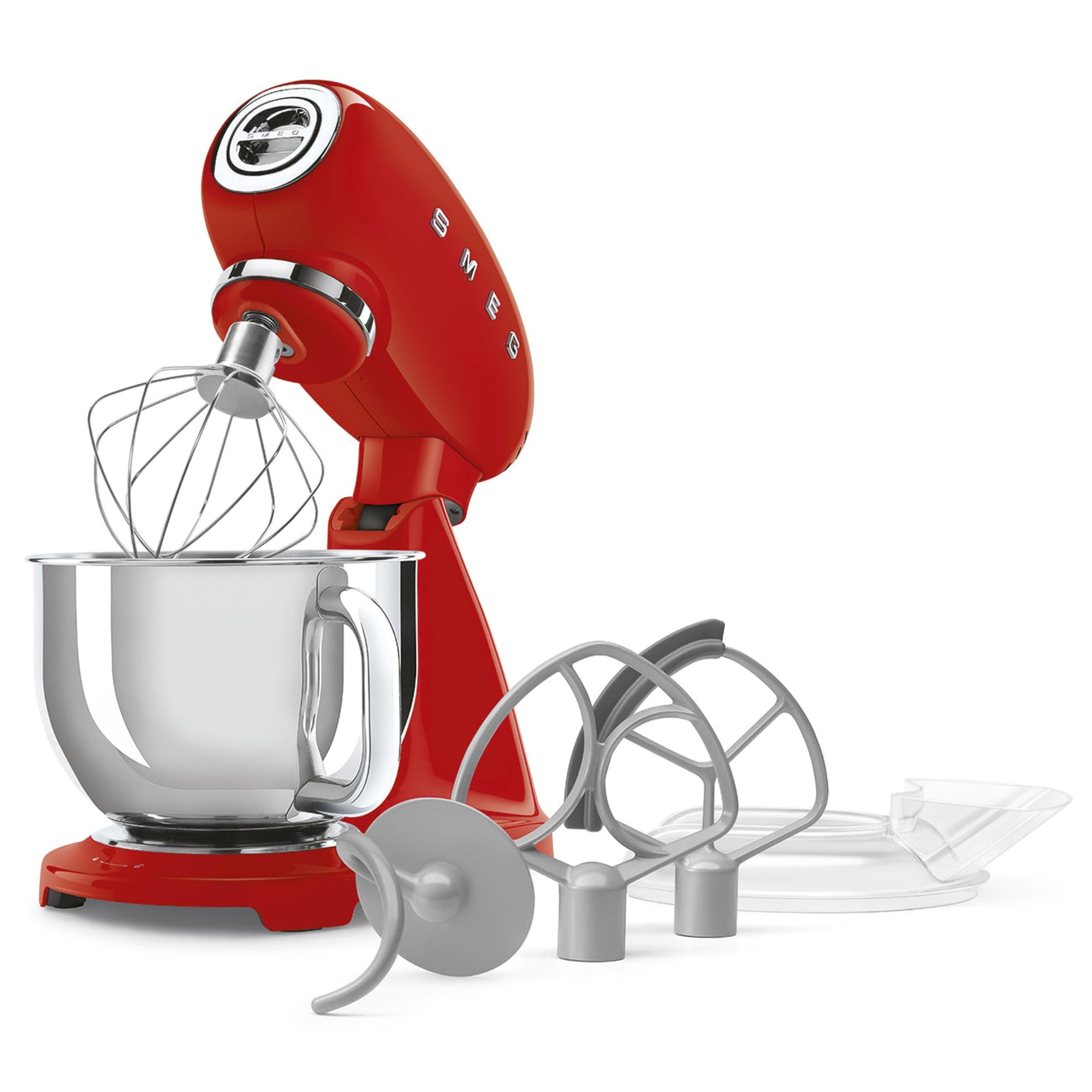 Red stand mixer with attachments on a white background