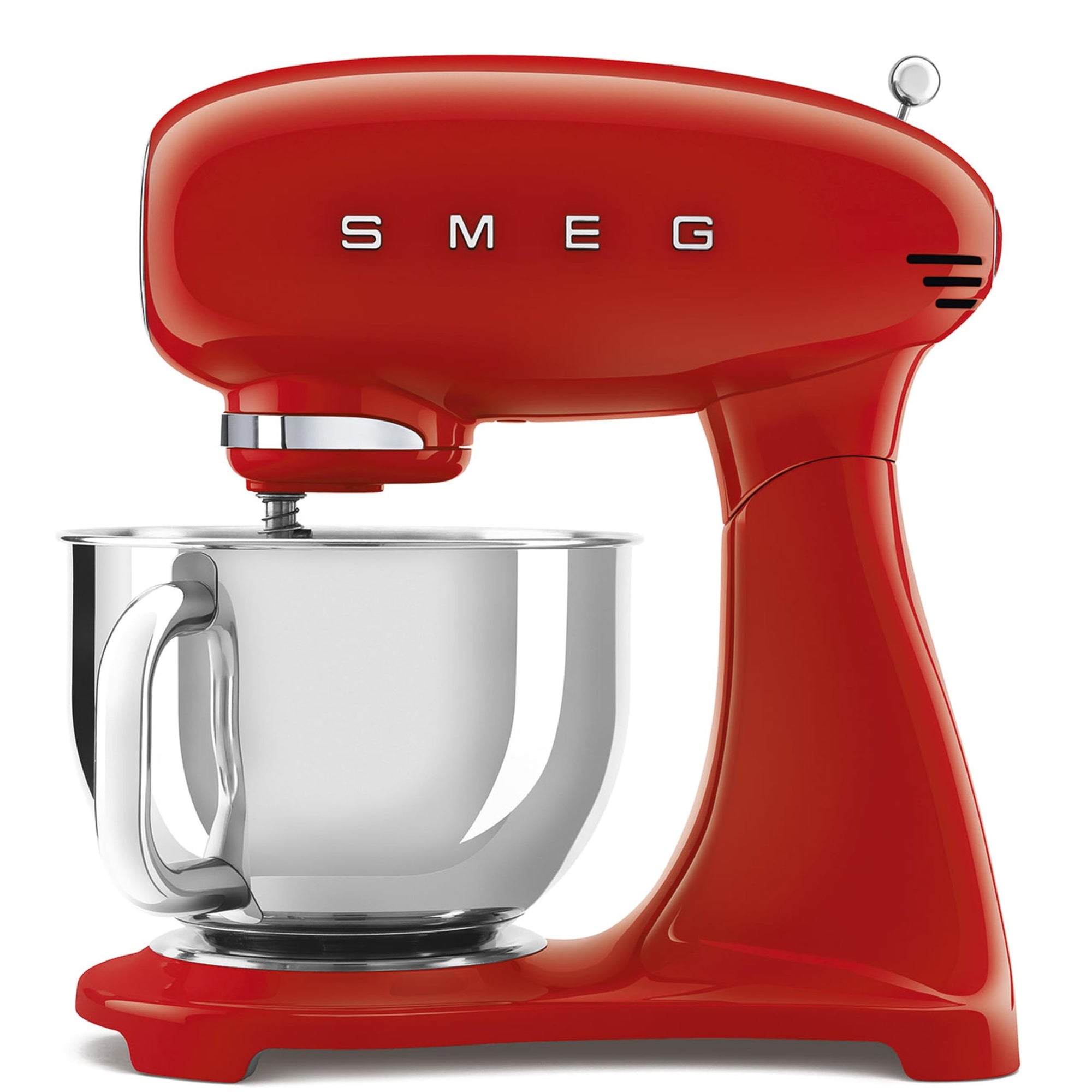 Red Smeg stand mixer with mixing bowl on a white background