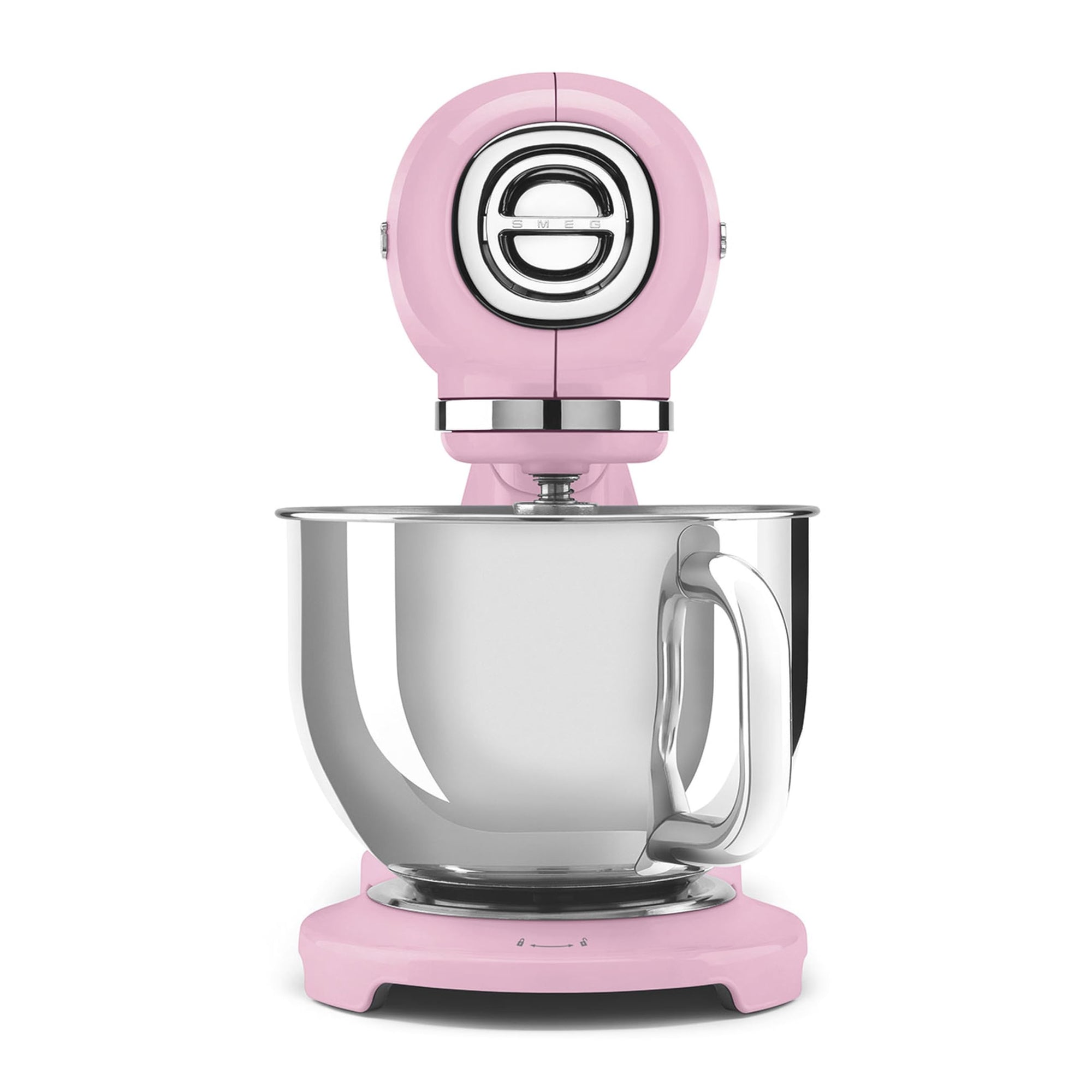 Front view of pink stand mixer with a mixing bowl on a white background