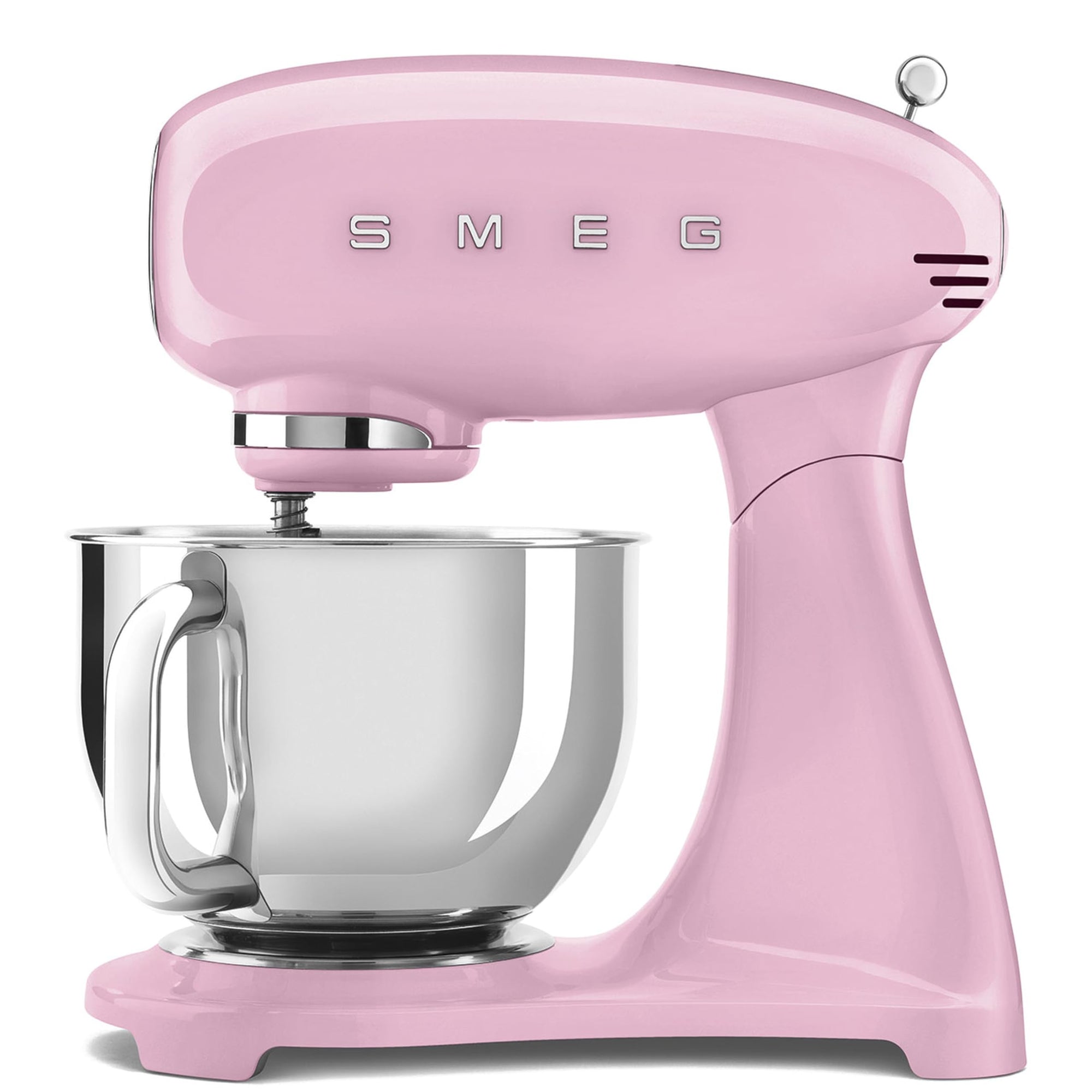 Pink Smeg stand mixer with mixing bowl on a white background