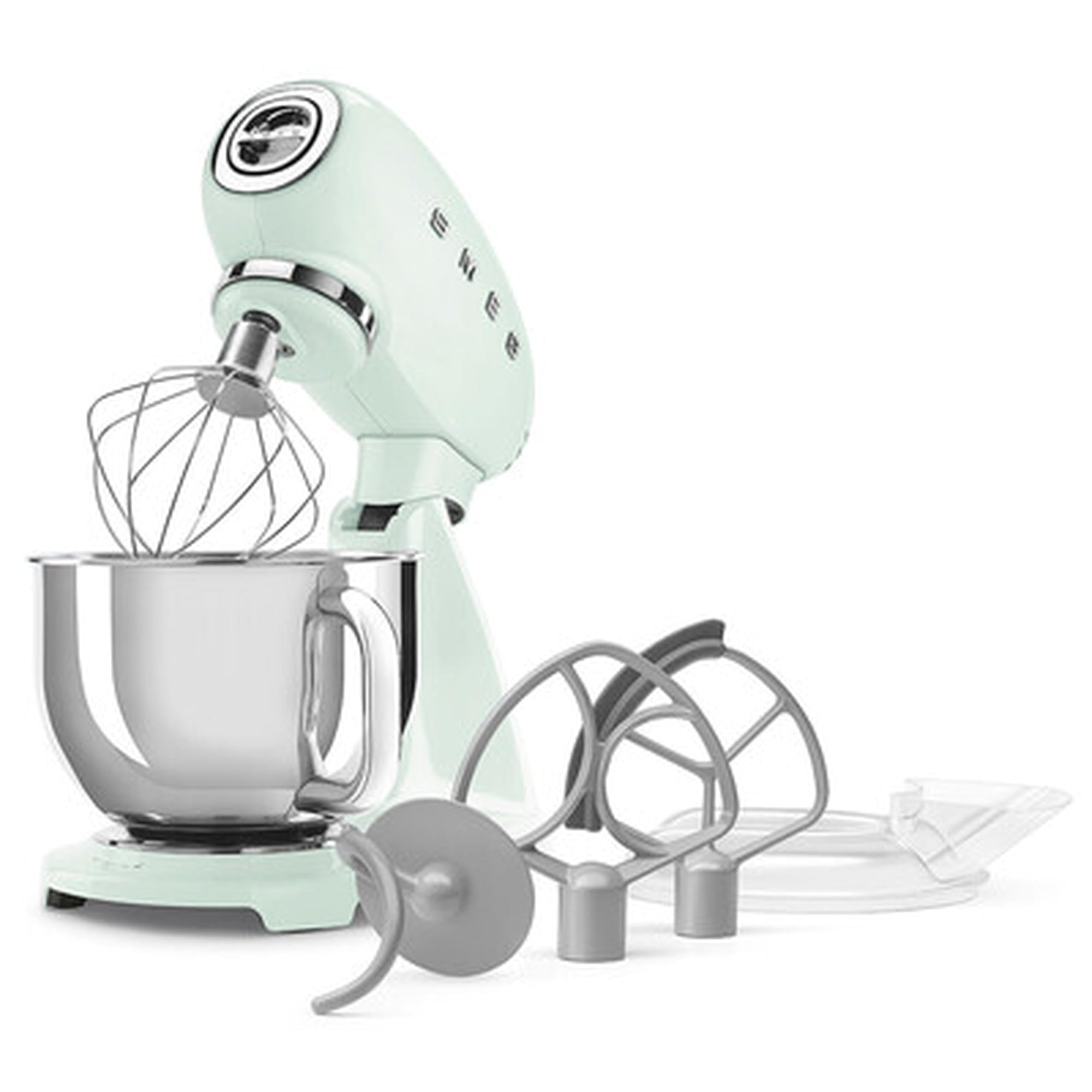 Light green stand mixer with attachments on a white background