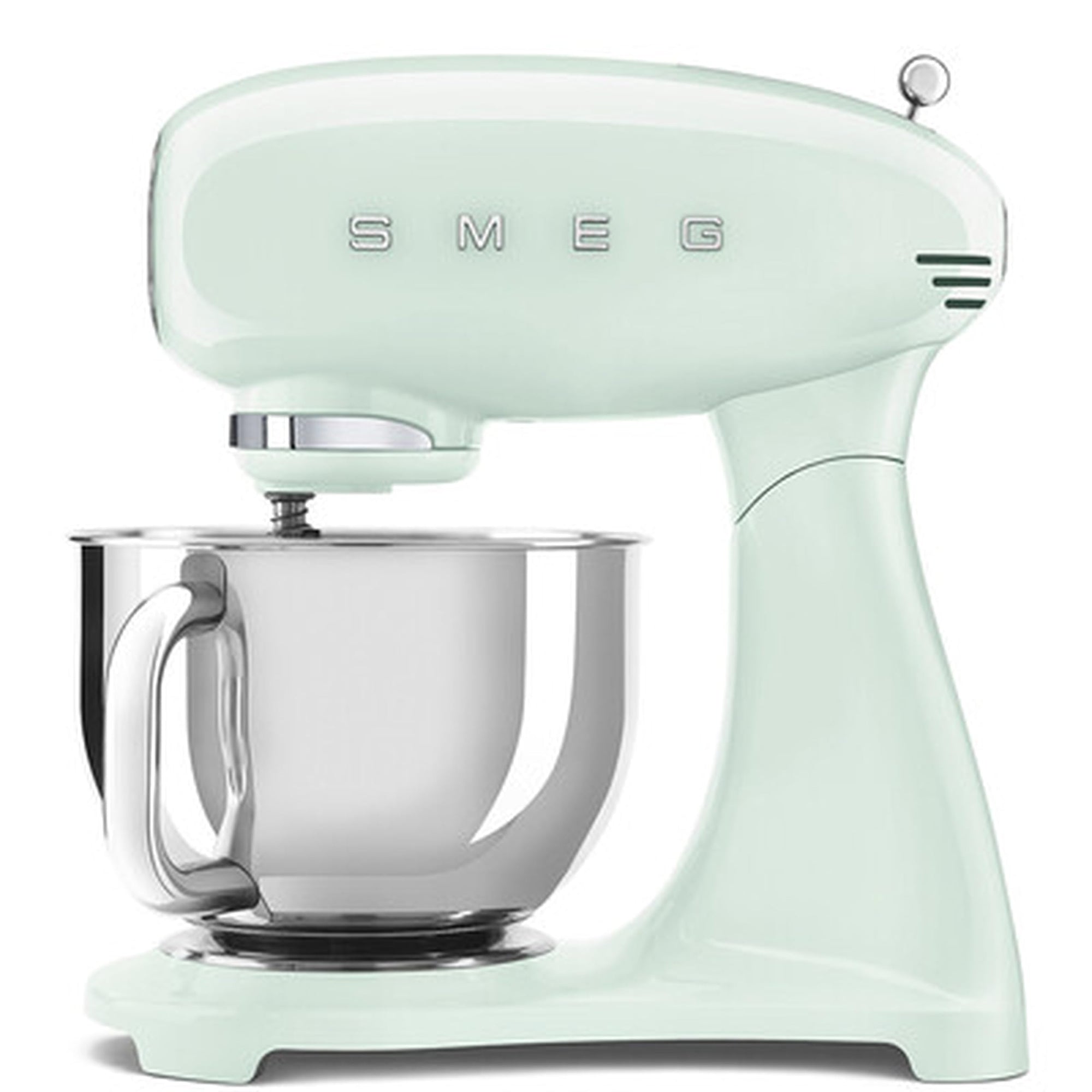 Light green stand mixer with mixing bowl on a white background
