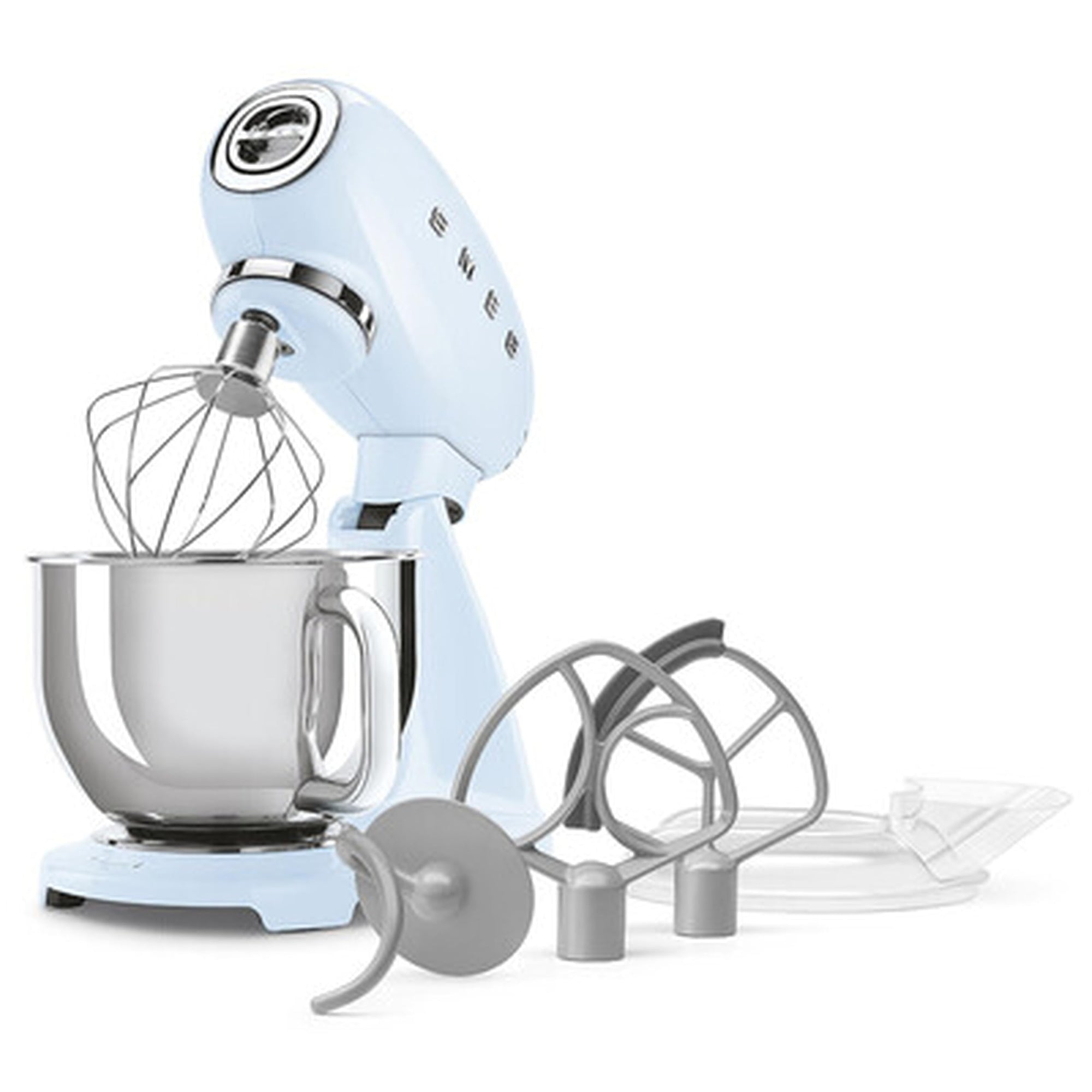 Light blue stand mixer with attachments on a white background