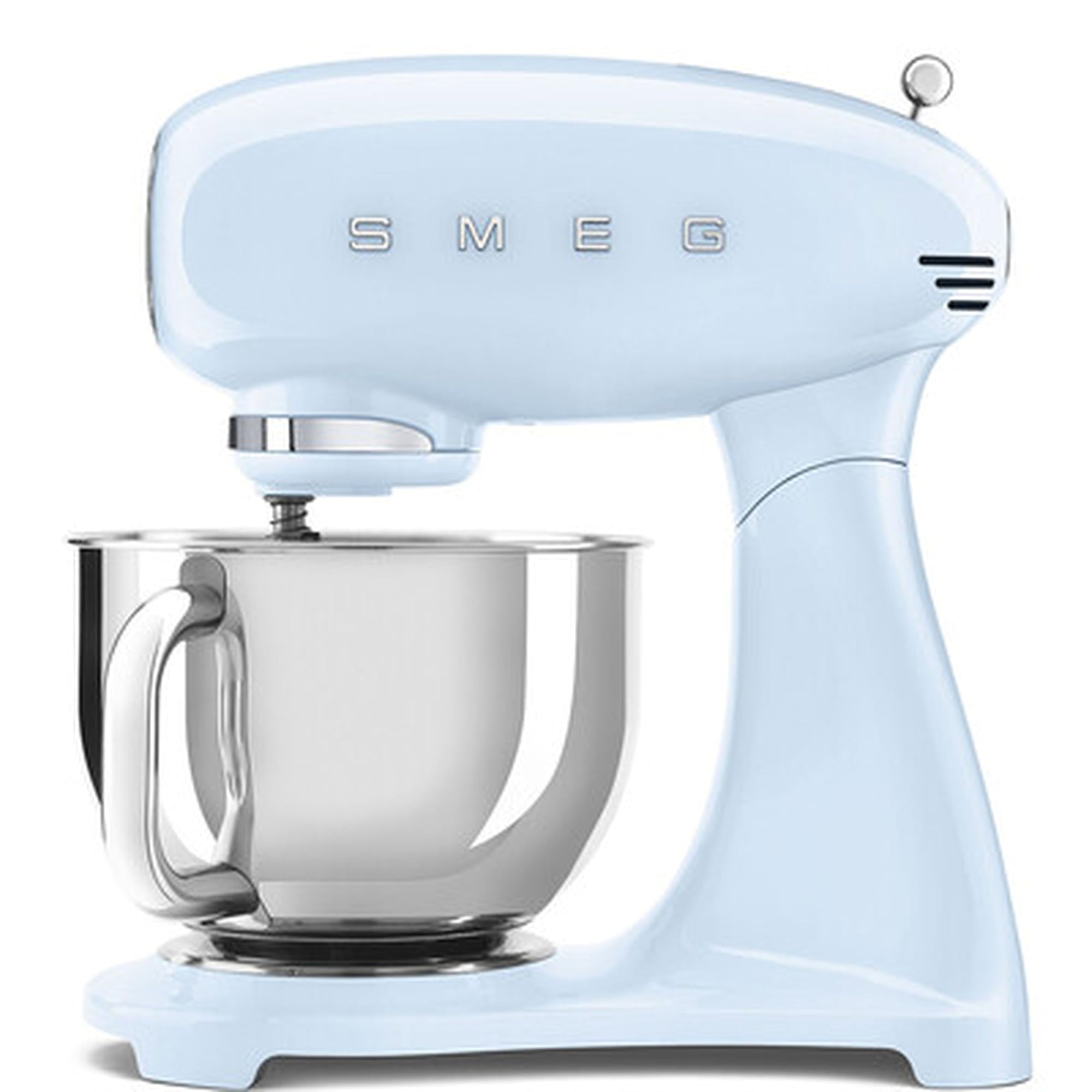 Light blue stand mixer with mixing bowl on a white background
