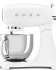 Front view of white stand mixer with Smeg logo on a white background