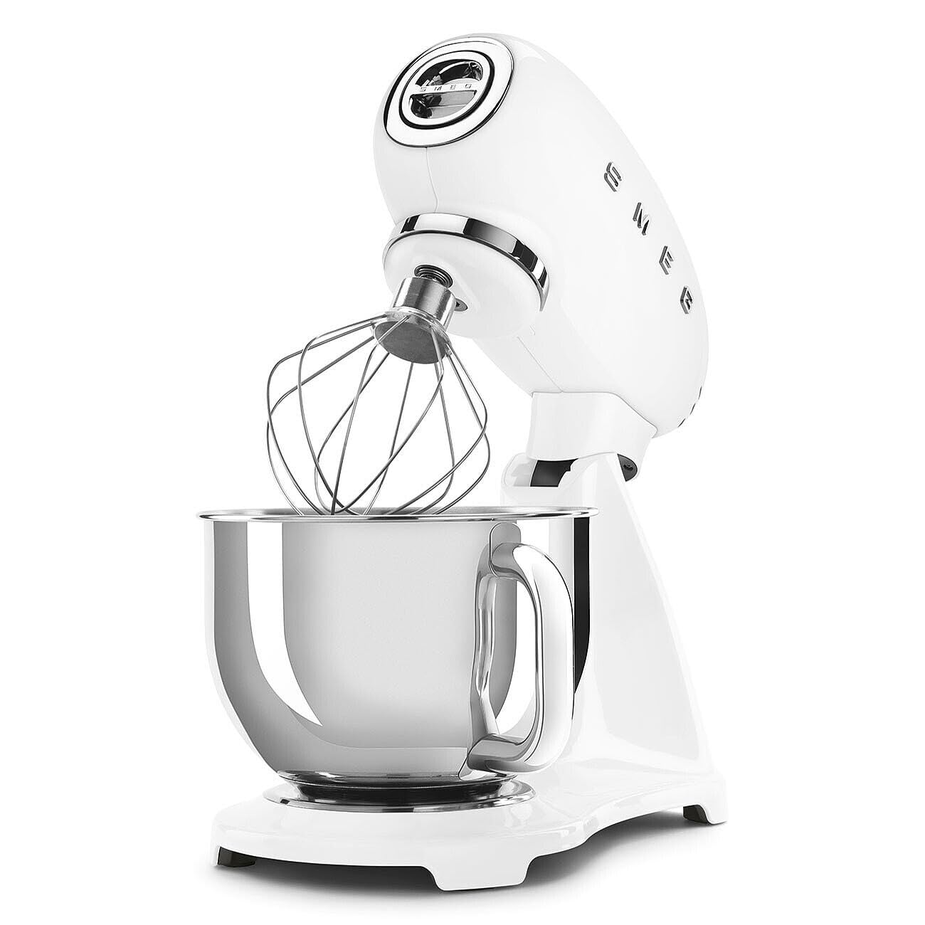 White stand mixer with whisk attachment on a white background