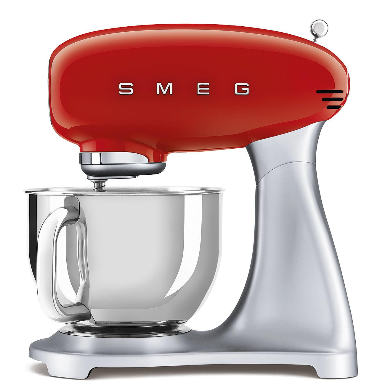 Side view red SMEG 50s Retro Line Full Color Stand Mixer 5 qt displayed on a white background