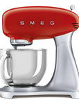 Side view red SMEG 50s Retro Line Full Color Stand Mixer 5 qt displayed on a white background