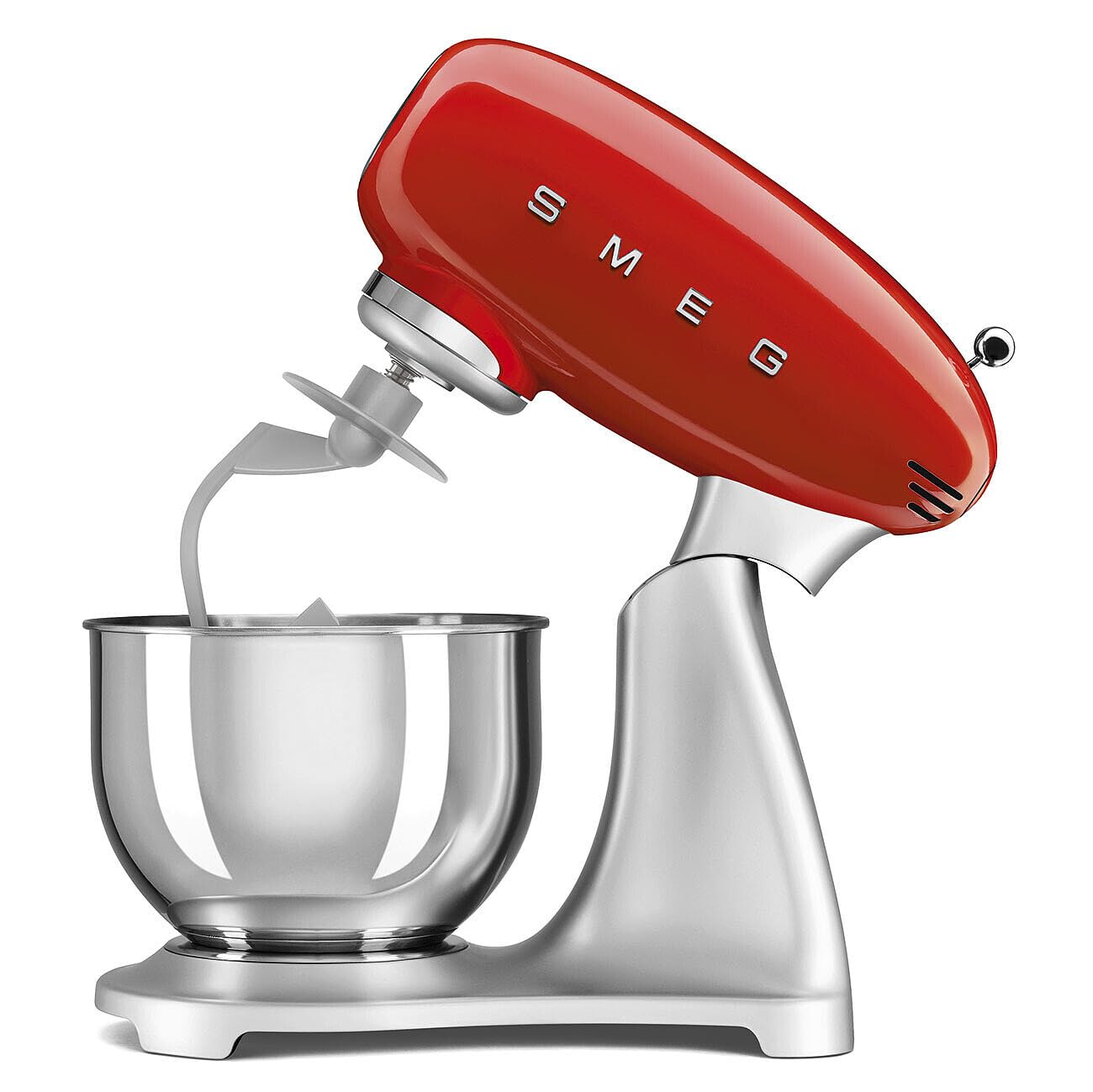 Side view of red SMEG 50s Retro Line Full Color Stand Mixer 5 qt with a tilt displayed on a white background