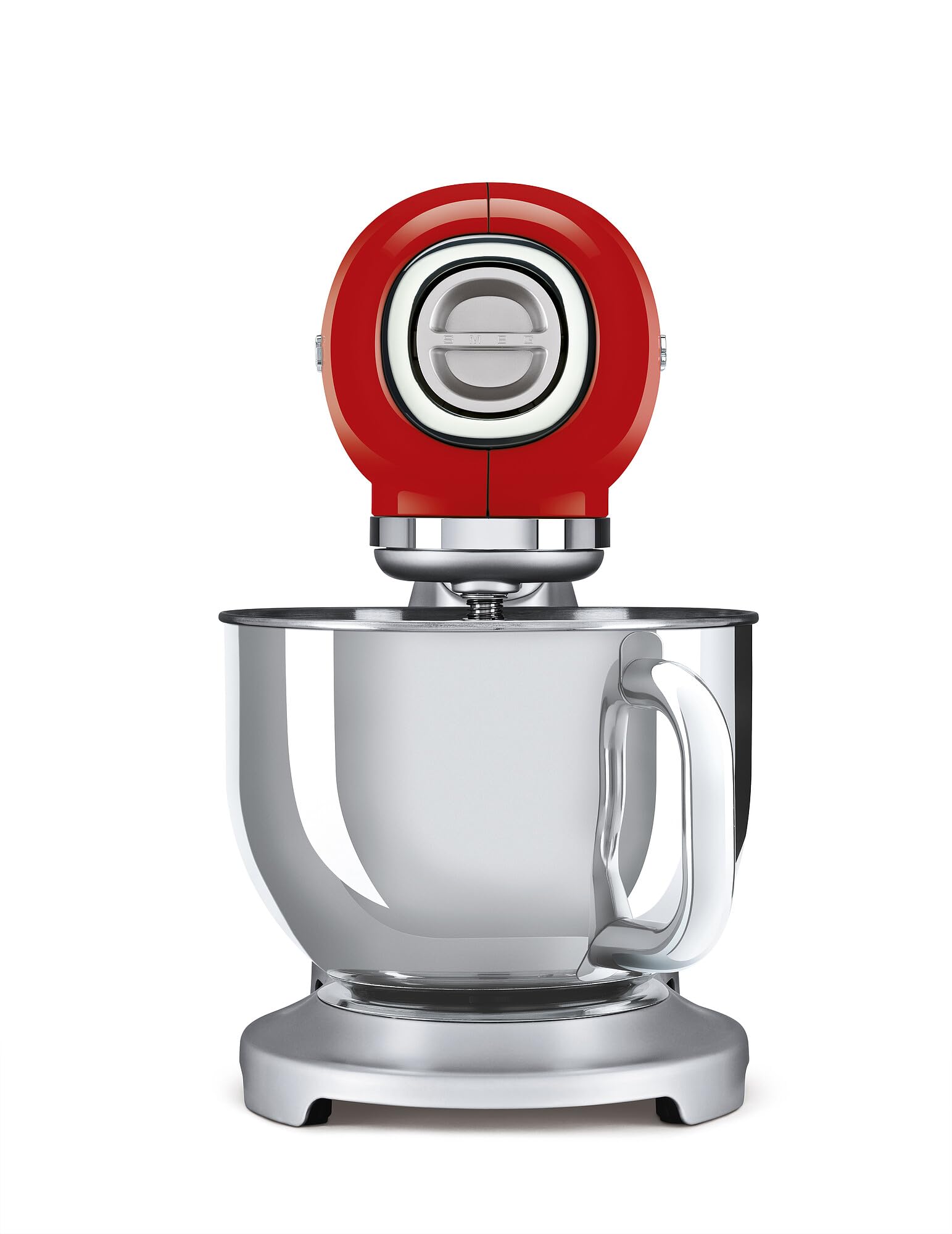 Front view of red SMEG 50s Retro Line Full Color Stand Mixer 5 qt displayed on a white background