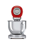 Front view of red SMEG 50s Retro Line Full Color Stand Mixer 5 qt displayed on a white background