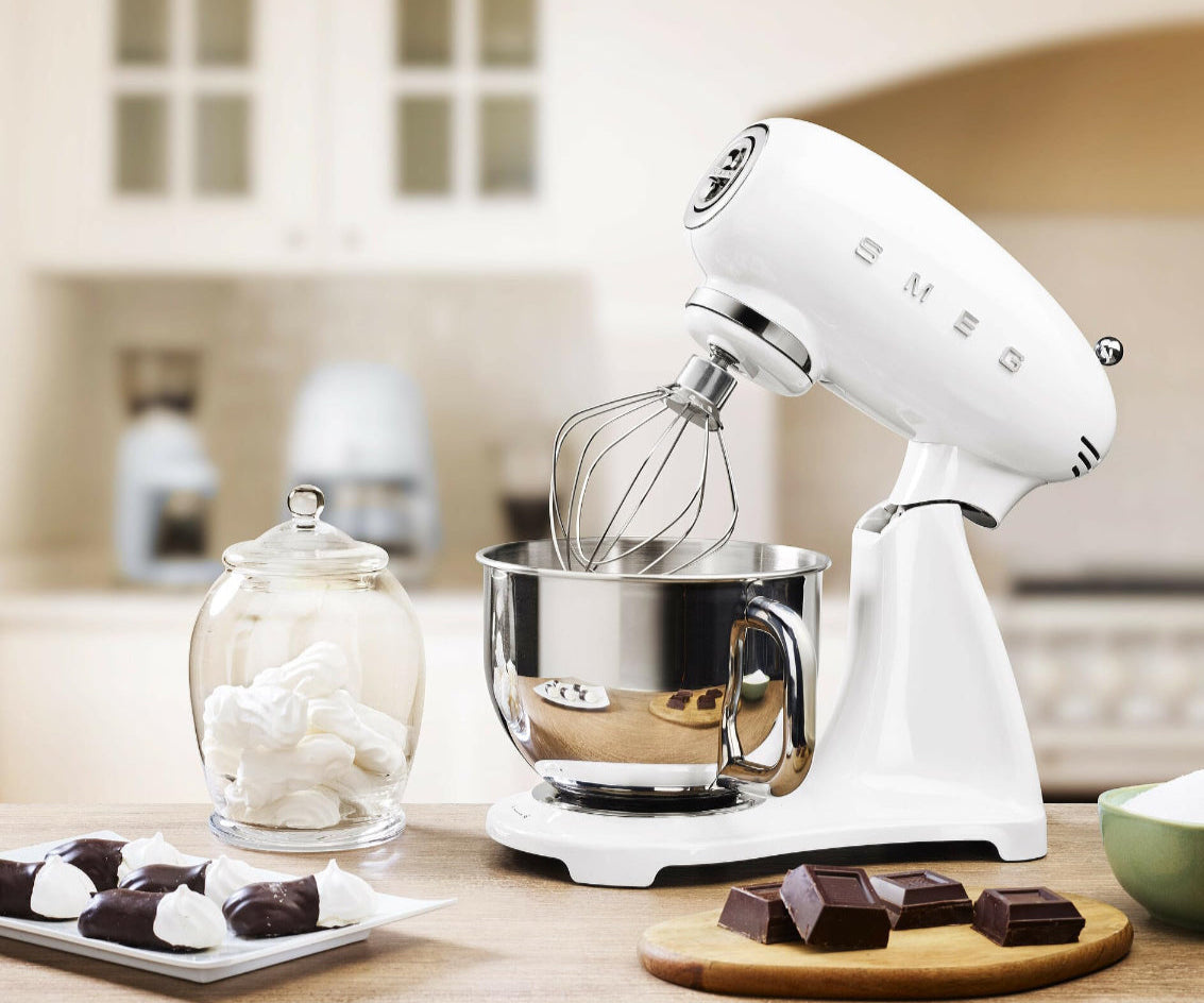 Smeg white stand mixer and chocolate