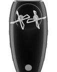 Bottom view of black hand mixer displayed on a white background