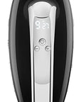 Top view of black and silver hand mixer with digital display on a white background
