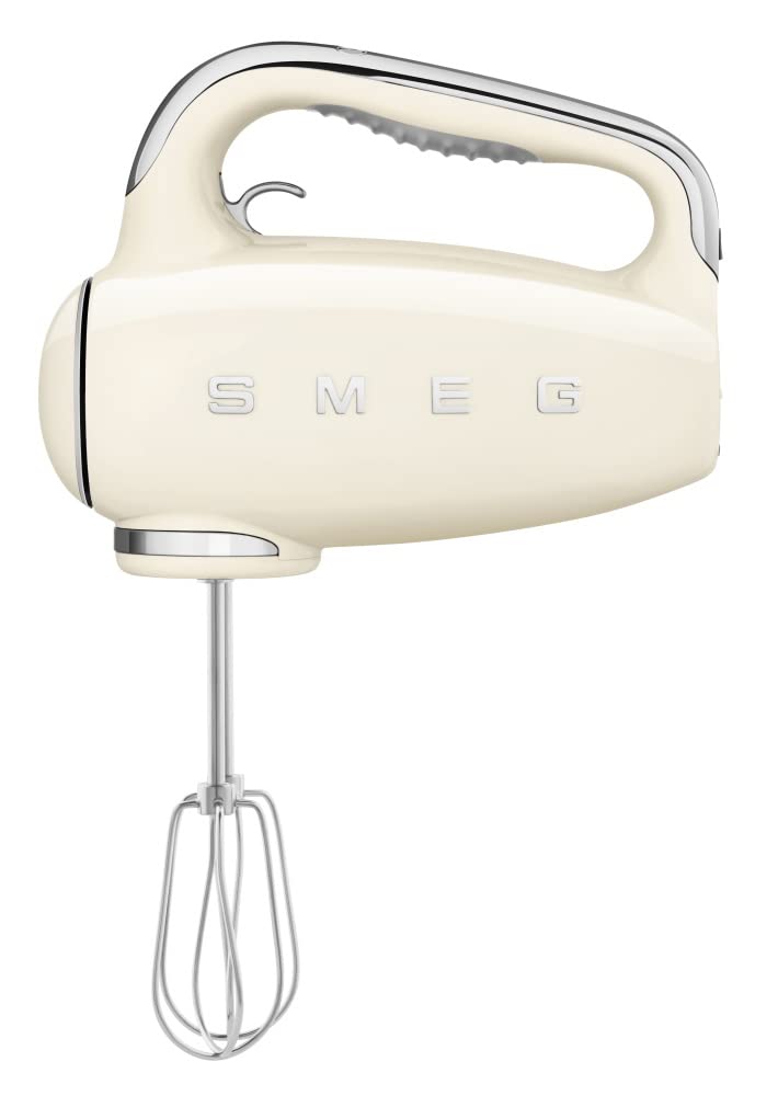 Front view of Cream-colored hand mixer with chrome accents on a white background, featuring the SMEG logo.