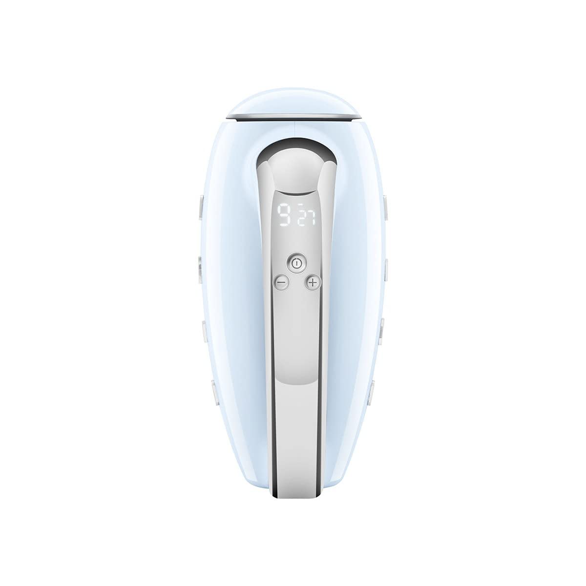 Top view of Pastel blue Smeg hand mixer with control panel displayed on a white background
