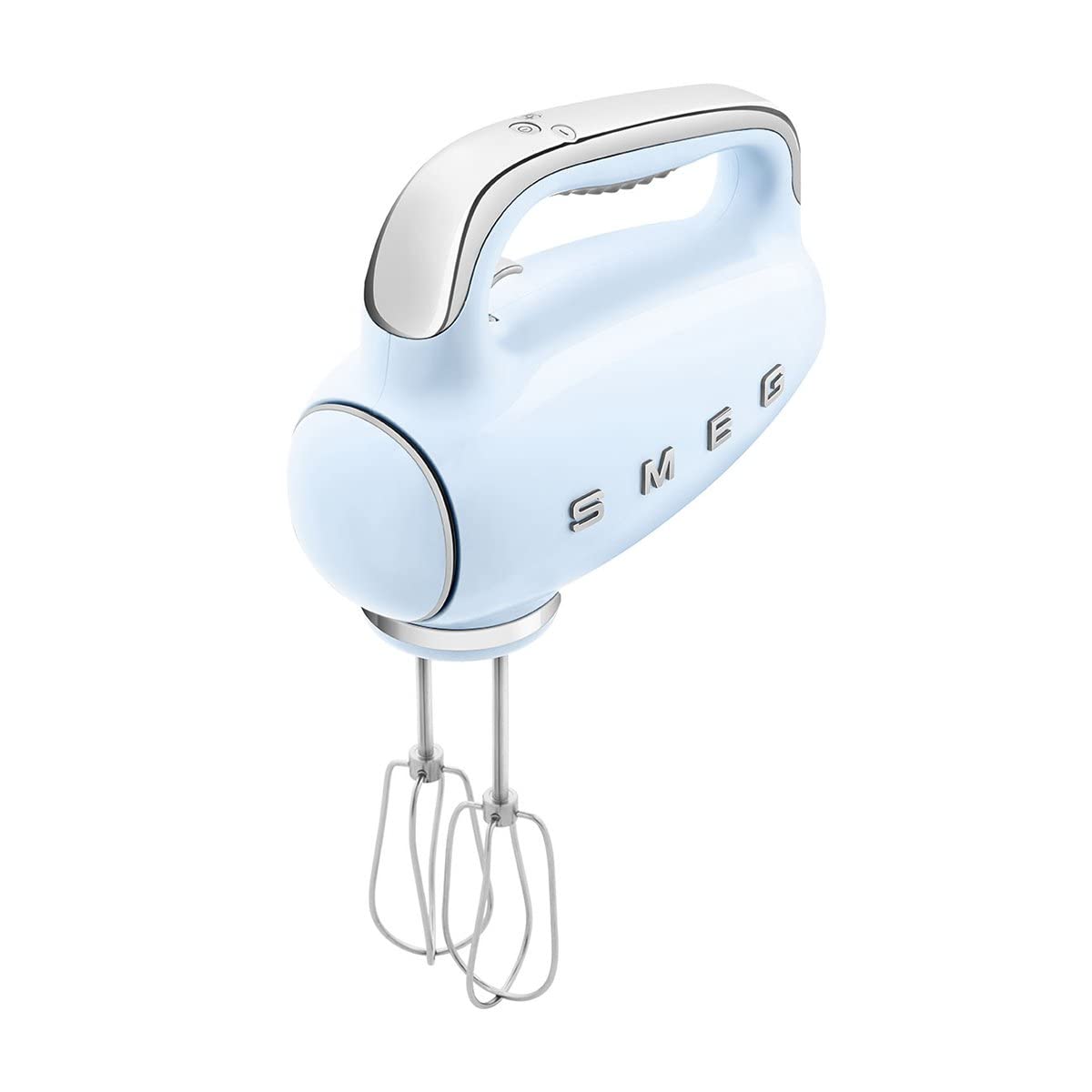 Pastel blue Smeg hand mixer displayed on a white background