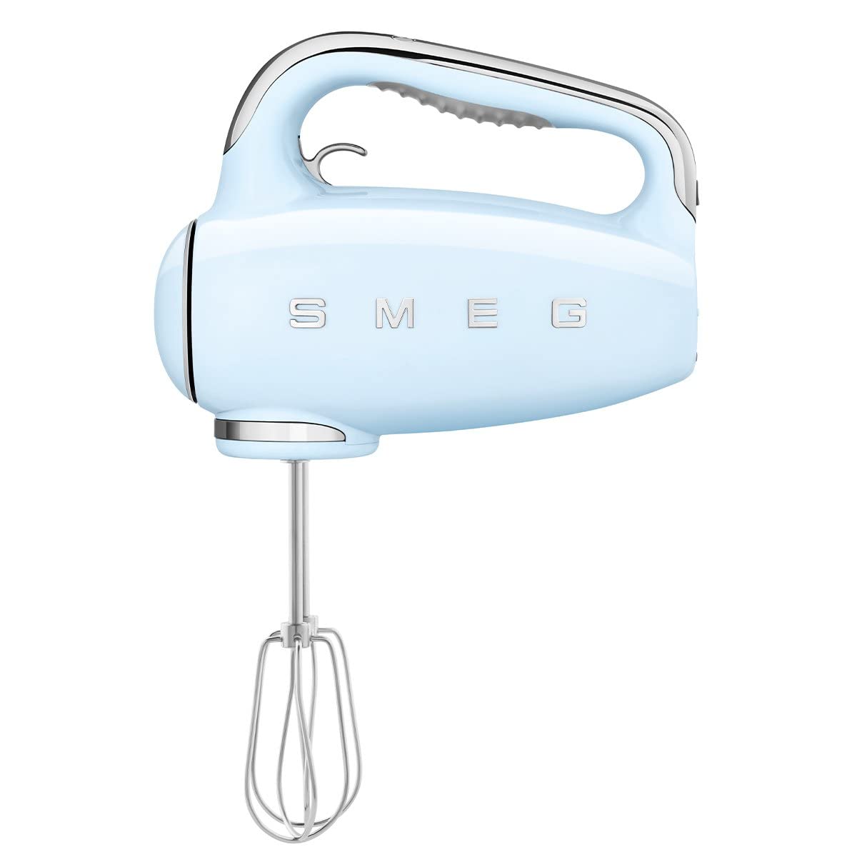 Front view of Pastel blue Smeg hand mixer displayed on a white background