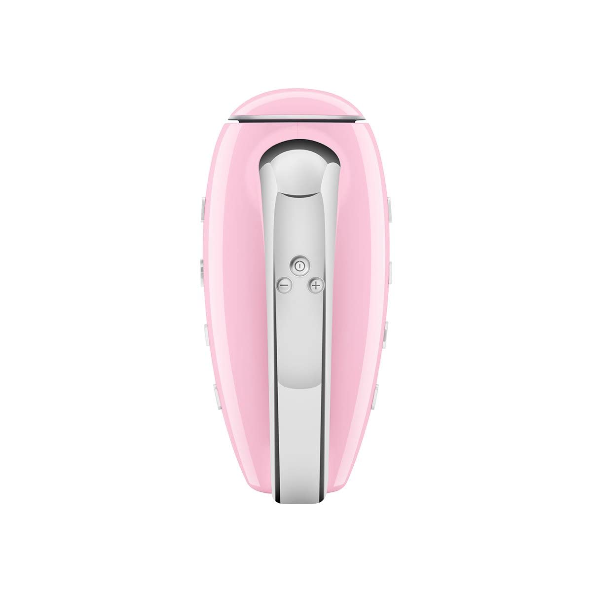 Top view of Smeg pink hand mixer with a control panel displayed on a white background