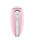 Top view of Smeg pink hand mixer with a control panel displayed on a white background