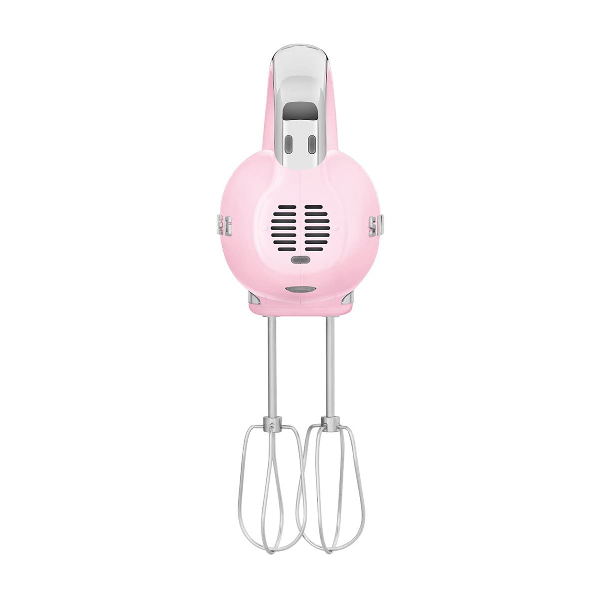 Side view of Smeg pink hand mixer with silver accents on a white background
