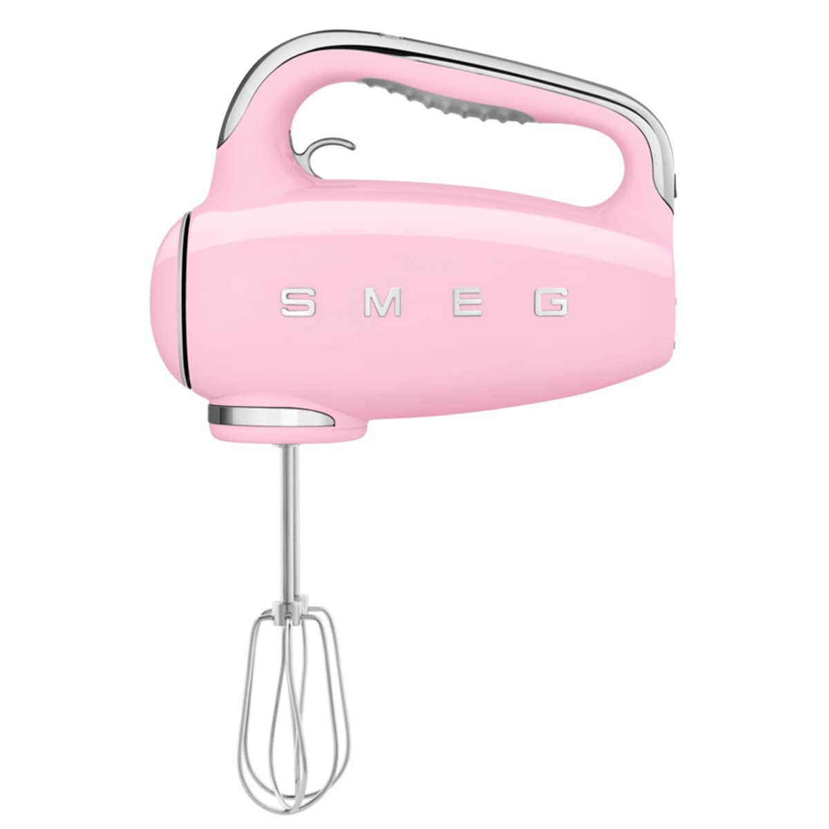 Front view of pink hand mixer with 'SMEG' branding on a white background