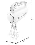 White Smeg hand mixer with whisk attachment and measurement details on a white background